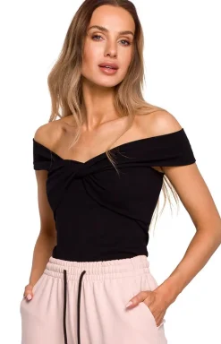 MOE Moda - Krótka bluzka damska top z przeplotem w dekolcie czarna M680