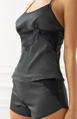 Damskie LivCo Corsetti Fashion Piżamy Damskie|Piżamy Dwuczęściowe - Krótka czarna satynowa piżama Miraaze Black LC 90567