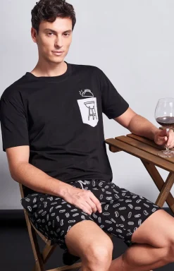 Krótka piżama męska z nadrukiem czarna GIANNY
