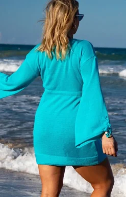 Primo Parea I Sukienki Plażowe - Krótka sukienka kopertowa w stylu boho turkusowa 215/03