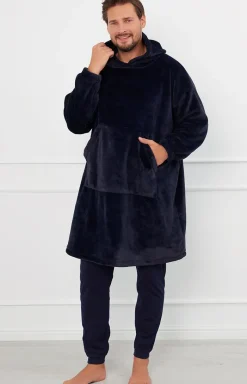 Damskie Italian Fashion Szlafroki I Peniuary|Bielizna Homewear - Miękka ciepła polarowa kocobluza granatowa Forio