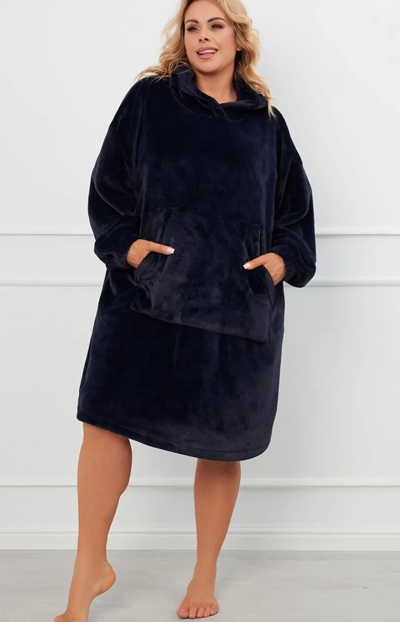 Damskie Italian Fashion Szlafroki I Peniuary|Bielizna Homewear - Miękka ciepła polarowa kocobluza granatowa Forio