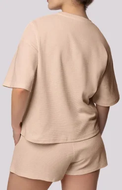 Damskie Mona Piżamy Bawełniane|Piżamy Damskie Krótkie - bawełniana piżama damska beżowa Cozy Short Sleeve Plus Size