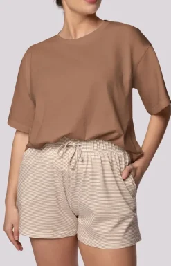 Mona bawełniana piżama damska karmel Stripe Short Sleeve