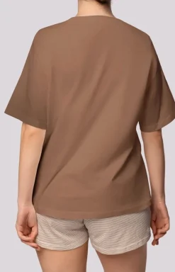 Mona bawełniana piżama damska karmel Stripe Short Sleeve