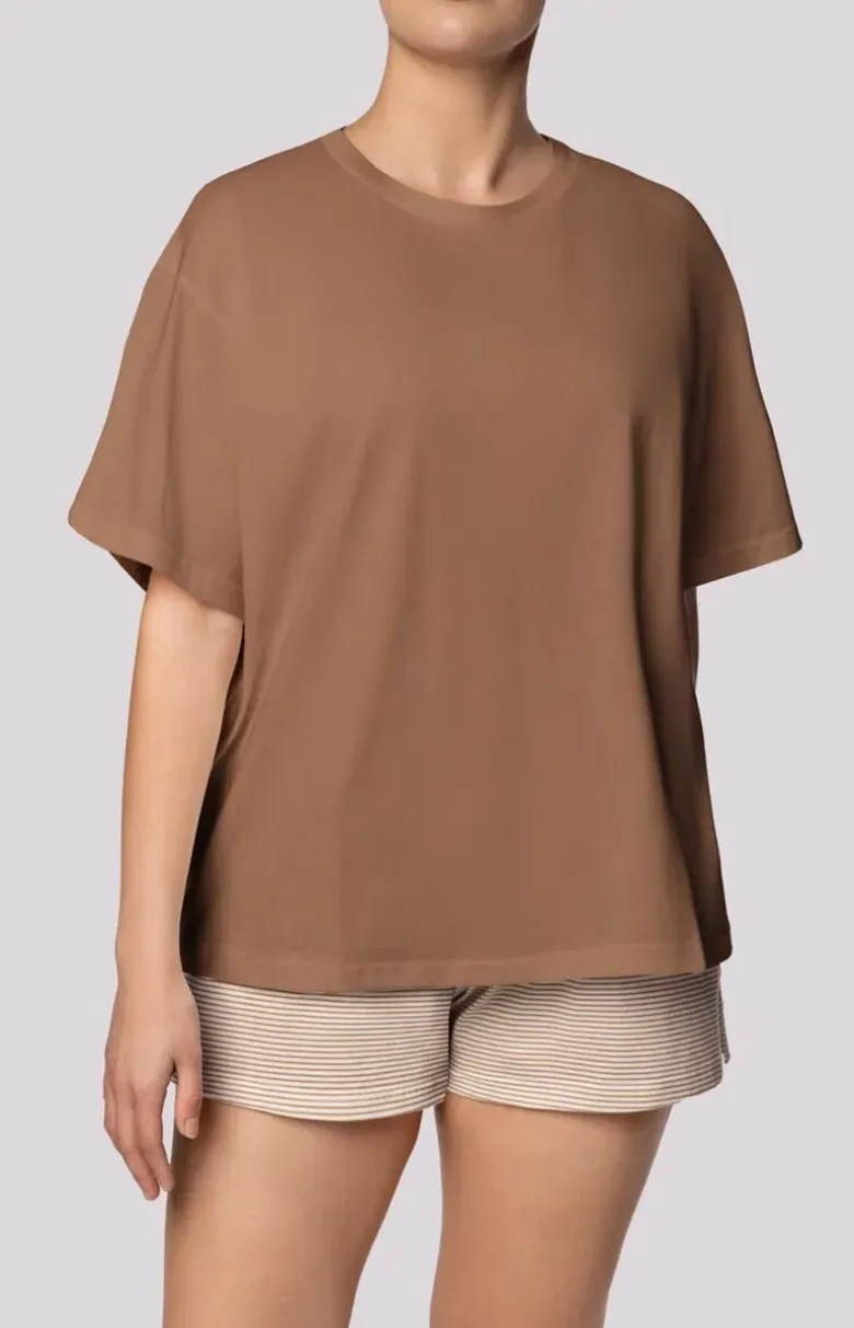 Mona bawełniana piżama damska karmel Stripe Short Sleeve