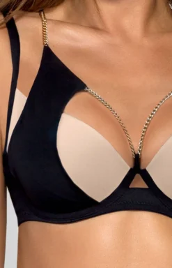 Ava Biustonosze Push-Up|Biustonosz Z Pasków - NOVIKA Chloe N 01 czarno beżowy bezszwowy biustonosz push up z ozdobnymi łańcuszkami