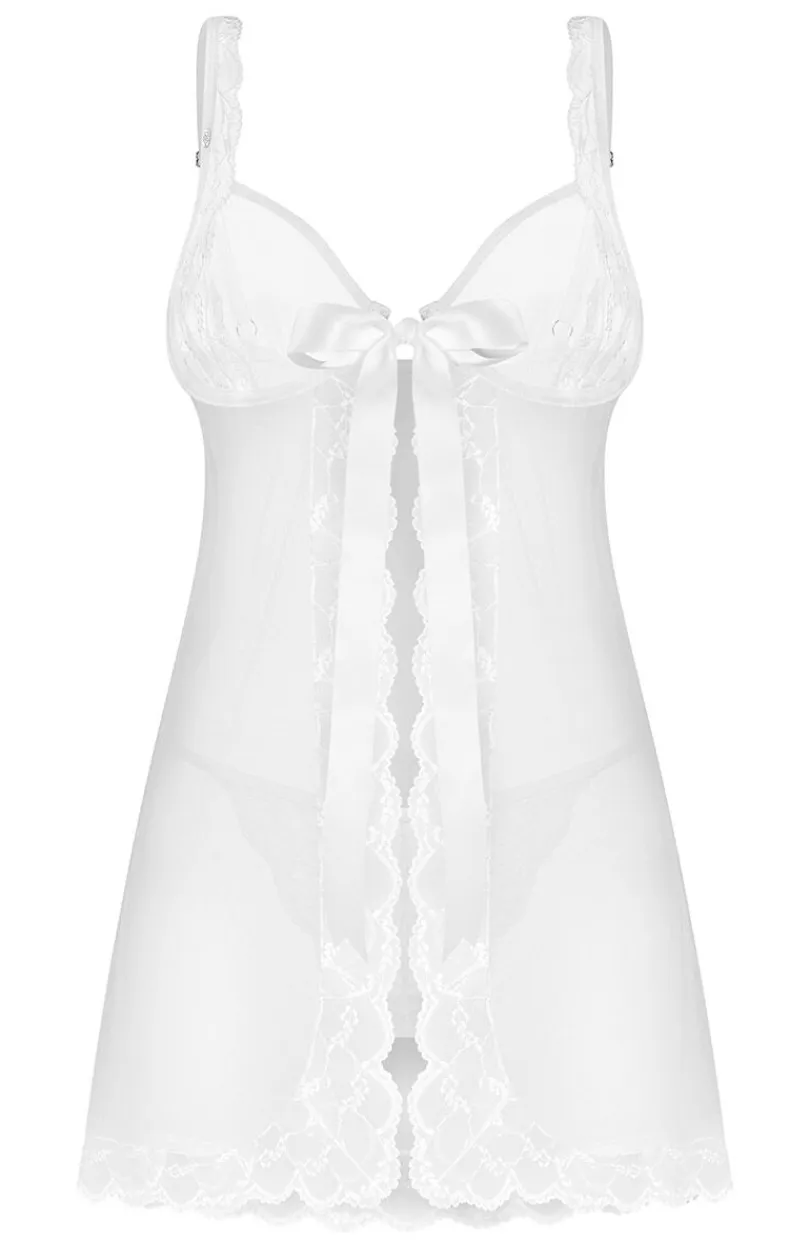 Damskie Obsessive Seksowna Koszula Nocna|Koszula Nocna Na Ramiączkach - biała koszulka babydoll z wiązaniem i stringi Weddya Bride