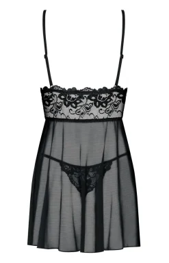 Damskie Obsessive Koszulki|Seksowna Koszula Nocna - czarna koszulka nocna babydoll i stringi Idillia