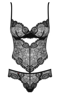 Obsessive czarne koronkowe body damskie z fiszbinami Alluria