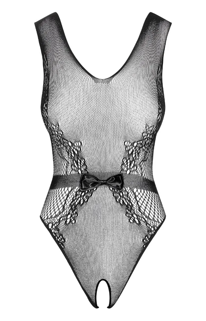 Obsessive czarne siateczkowe body damskie z otwartym krokiem B115