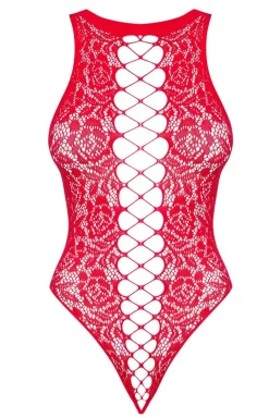 Obsessive Bodystocking|Body - czerwone siateczkowe body damskie z otwartym krokiem B120