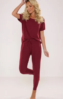 Damskie De Lafense Bielizna Homewear|Ciepłe Piżamy - Piżaa daka bordowa Paula 524