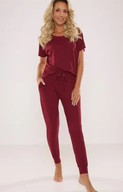 Damskie De Lafense Bielizna Homewear|Ciepłe Piżamy - Piżaa daka bordowa Paula 524
