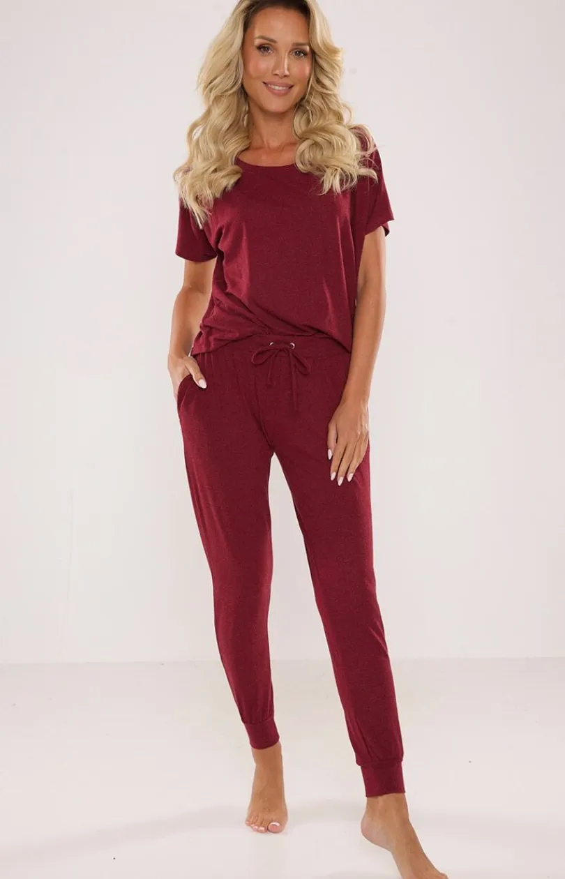 Damskie De Lafense Bielizna Homewear|Ciepłe Piżamy - Piżaa daka bordowa Paula 524