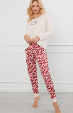 Damskie Italian Fashion Piżamy Bawełniane|Piżamy Damskie Długie - Piżama damska na długi rękaw i długie spodnie serca Evora