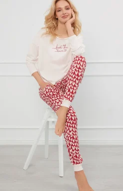 Damskie Italian Fashion Piżamy Bawełniane|Piżamy Damskie Długie - Piżama damska na długi rękaw i długie spodnie serca Evora