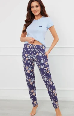 Piżama damska niebieska na krótki rękaw i długie spodnie Pulia