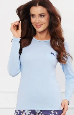 Damskie Italian Fashion Piżamy Bawełniane|Piżamy Damskie Długie - Piżama damska niebieska z długim rękawem i długimi spodniami Puia