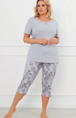 Damskie Italian Fashion Piżamy Bawełniane - Piżama damska szara na krótki rękaw i 3/4 spodnie Ibena