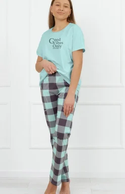 Damskie Italian Fashion Piżamy Damskie|Piżamy Dwuczęściowe - Piżaa daka z długii podniai w kratę Narina