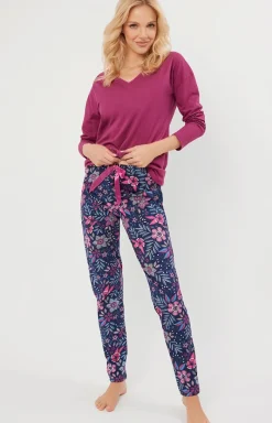 Damskie Italian Fashion Piżamy Bawełniane|Bielizna Homewear - Piżama damska z długim rękawem i długimi spodniami jeżynowa Folk