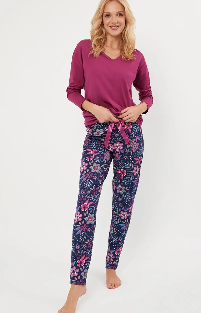 Damskie Italian Fashion Piżamy Bawełniane|Bielizna Homewear - Piżama damska z długim rękawem i długimi spodniami jeżynowa Folk