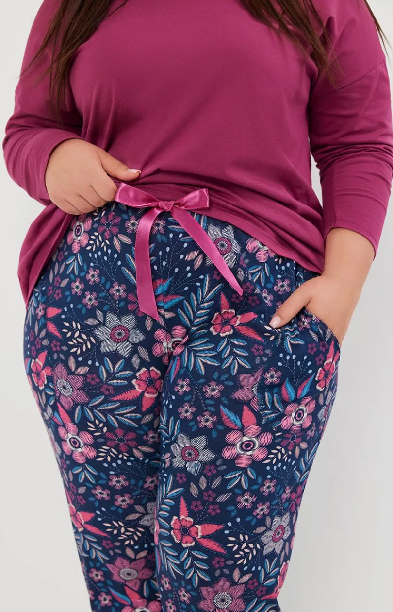 Damskie Italian Fashion Piżamy Bawełniane|Bielizna Homewear - Piżama damska z długim rękawem i długimi spodniami jeżynowa Folk