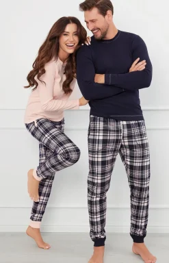 Damskie Italian Fashion Piżamy Bawełniane|Piżamy W Kratę - Piżaa daka z długi rękawe i długii podniai grantowa Dona
