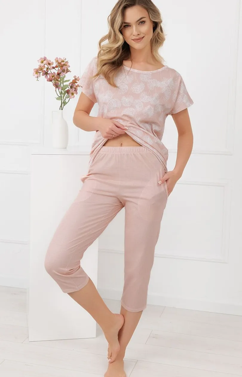Damskie Italian Fashion Piżamy Damskie Krótkie|Piżamy Damskie - Piżaa daska ze spodniai 3/4 łososiowa Kalina