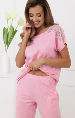 Damskie Italian Fashion Piżamy Damskie|Piżamy Bawełniane - Piżaa daka ze podniai 3/4 różowa enua