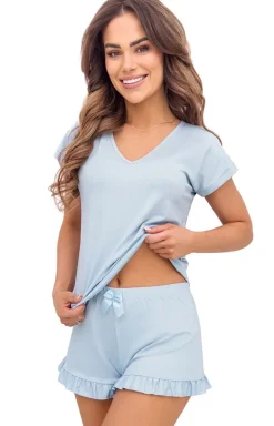 Damskie Donna Piżamy Damskie Krótkie|Bielizna Homewear - Piżama damska z fabanką błękitna Iza
