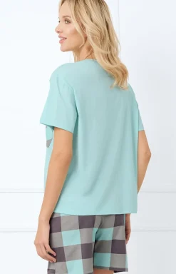 Damskie Italian Fashion Piżamy Bawełniane|Piżamy W Kratę - Piżaa daka z krótki rękawe i krótkii podenkai andra