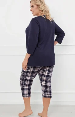 Damskie Italian Fashion Piżamy Rozpinane - Piżama damska z rękawem i spodniami 3/4 granatowa Dona