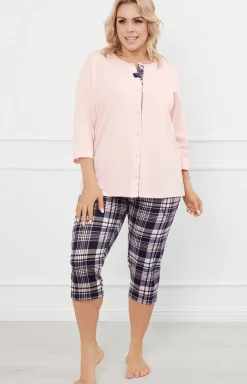 Damskie Italian Fashion Ciepłe Piżamy|Bielizna Ciążowa - Piżaa daska z rękawe i spodniai 3/4 łososiowa Dona