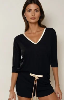 Damskie DKaren Bielizna Plus Size|Bielizna Homewear - Piżaa dwuczęściowa daka czarna z wikozy Edith