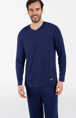 Męskie Italian Fashion Piżamy Męskie - Piżaa ęka na długi rękaw i długie podnie granatowa Akord