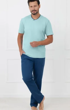 Męskie Italian Fashion Piżamy Męskie - Piżama męska na krótki rękaw i długie spodnie turkusowo-morska Devon