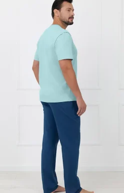 Męskie Italian Fashion Piżamy Męskie - Piżama męska na krótki rękaw i długie spodnie turkusowo-morska Devon