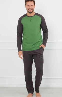 Męskie Italian Fashion Piżamy Męskie - Piżama męska zielono szara na długi rękaw i spodnie Aleksander