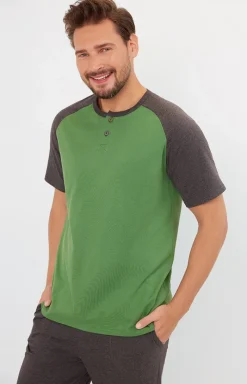 Męskie Italian Fashion Piżamy Męskie - Piżama męska zielono szara na krótki rękaw Aleksander