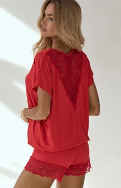 Damskie DKaren Bielizna Plus Size|Piżamy Damskie Krótkie - Piżaa z krótki rękawe i krótką nogawką czerwona Taara 2