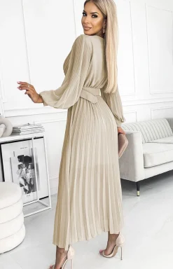 NUMOCO BASIC Moda - Plisowana sukienka z paskiem beżowa 414-8 Klara