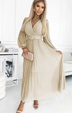 NUMOCO BASIC Moda - Plisowana sukienka z paskiem beżowa 414-8 Klara
