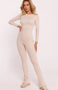 Prążkowane legginsy damskie z rozcięciami piaskowe M816