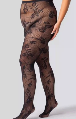 Rajstopy damskie kabaretki czarne plus size Floral