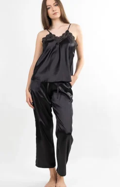 Damskie DKaren Piżamy Damskie Długie|Piżamy Satynowe - atynowa piżaa daka czarna Tia