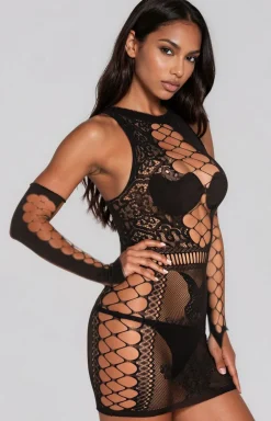 Siateczkowy komplet bielizny bodystocking sukienka i rękawiczki Marlamina XG030