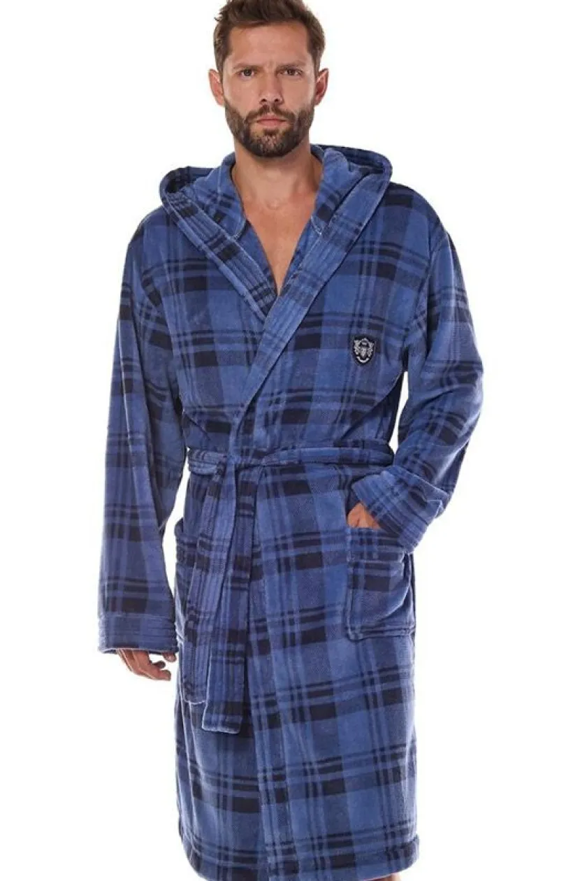 Męskie L&L Szlafroki Męskie - Szafrok ęski z kapture niebieski 2457 Pedro