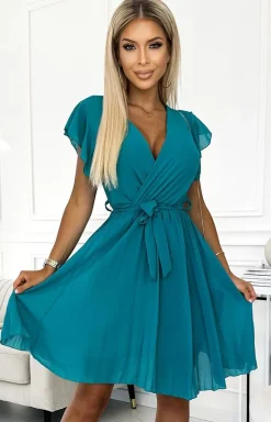 NUMOCO BASIC Moda - Szyfonowa plisowana sukienka z falbankami morska 424-1